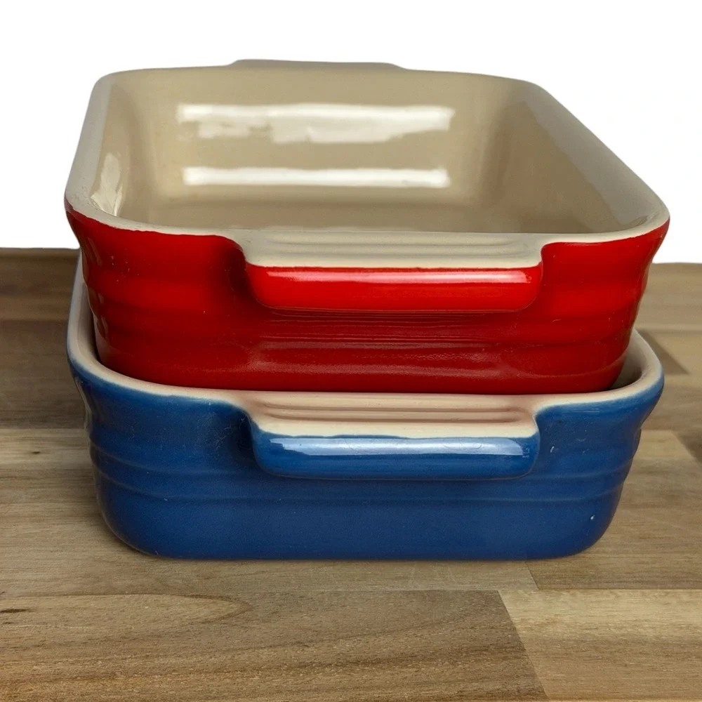 Le Creuset 1 Qt Mini Rectangular Baking Dishes 7x5 Stoneware Red Blue Set of 2